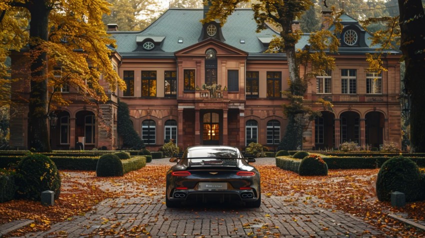 A luxury car parked in front of a grand, historical mansion surrounded by manicured gardens ,car wallpaper (104)