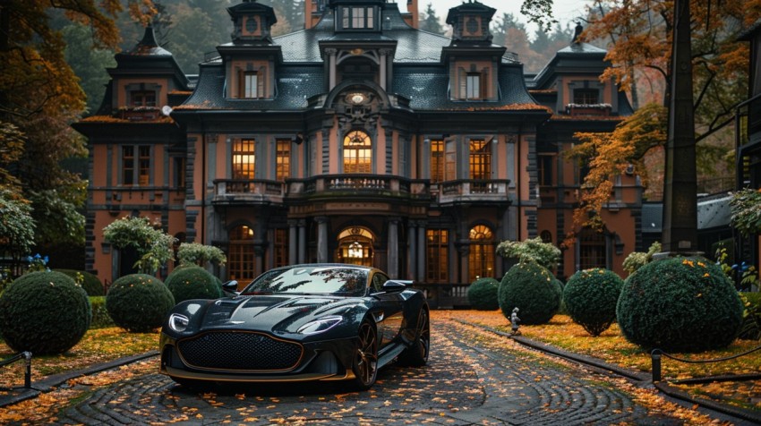 A luxury car parked in front of a grand, historical mansion surrounded by manicured gardens ,car wallpaper (135)