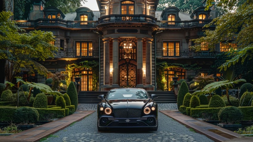A luxury car parked in front of a grand, historical mansion surrounded by manicured gardens ,car wallpaper (149)