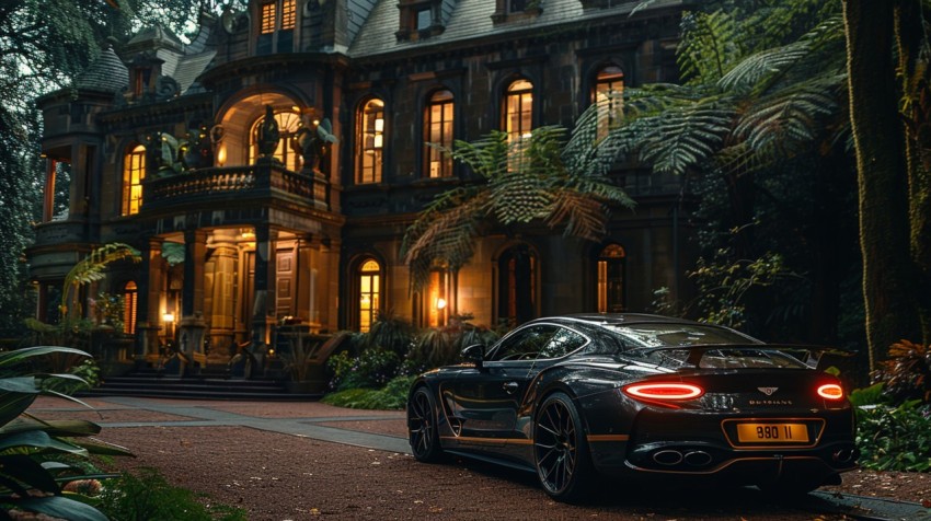 A luxury car parked in front of a grand, historical mansion surrounded by manicured gardens ,car wallpaper (170)
