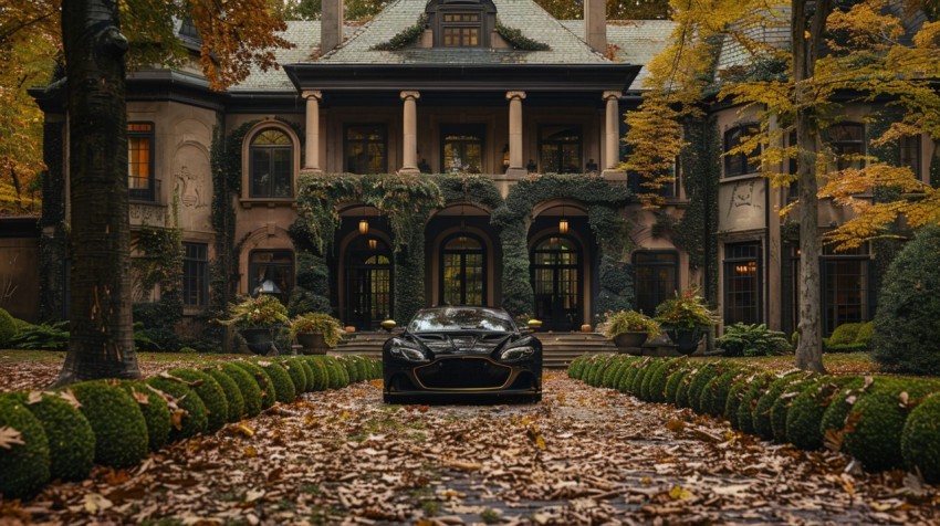 A luxury car parked in front of a grand, historical mansion surrounded by manicured gardens ,car wallpaper (156)