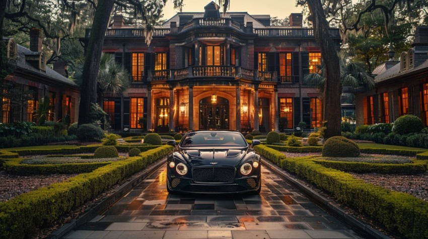 A luxury car parked in front of a grand, historical mansion surrounded by manicured gardens ,car wallpaper (177)