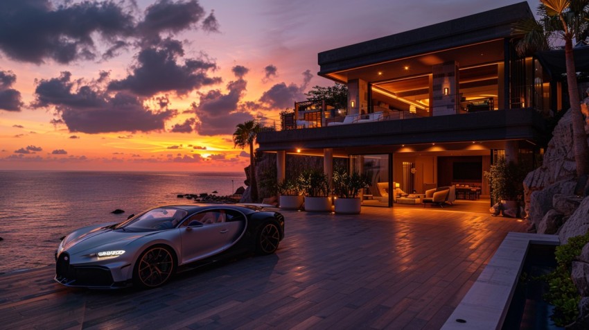 A luxury car parked in front of an exclusive beachfront villa at sunset, with the ocean in the background Aesthetics (16)