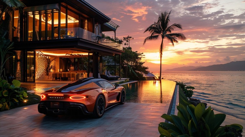 A luxury car parked in front of an exclusive beachfront villa at sunset, with the ocean in the background Aesthetics (5)