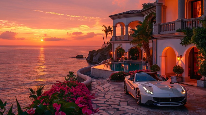 A luxury car parked in front of an exclusive beachfront villa at sunset, with the ocean in the background Aesthetics (25)