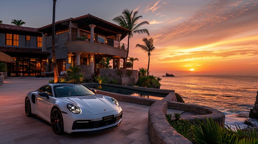 A luxury car parked in front of an exclusive beachfront villa at sunset, with the ocean in the background Aesthetics (31)