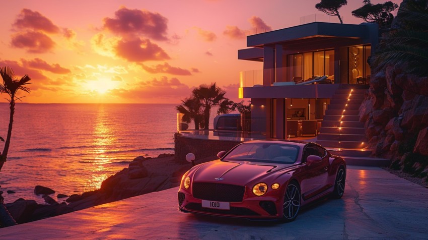 A luxury car parked in front of an exclusive beachfront villa at sunset, with the ocean in the background Aesthetics (69)