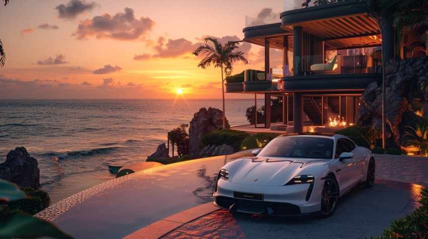 A luxury car parked in front of an exclusive beachfront villa at sunset, with the ocean in the background Aesthetics (89)