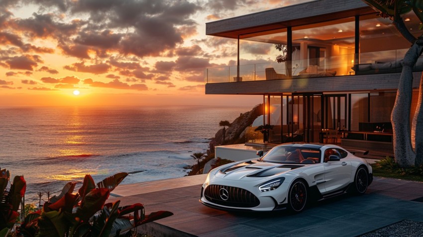 A luxury car parked in front of an exclusive beachfront villa at sunset, with the ocean in the background Aesthetics (120)
