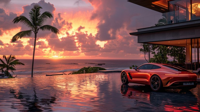 A luxury car parked in front of an exclusive beachfront villa at sunset, with the ocean in the background Aesthetics (101)