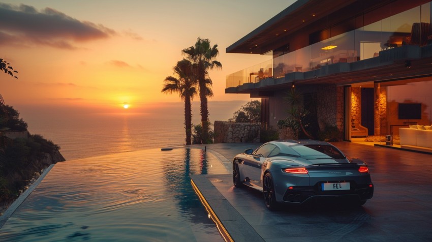 A luxury car parked in front of an exclusive beachfront villa at sunset, with the ocean in the background Aesthetics (103)