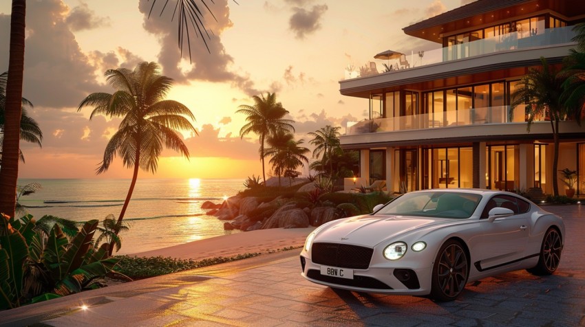 A luxury car parked in front of an exclusive beachfront villa at sunset, with the ocean in the background Aesthetics (114)