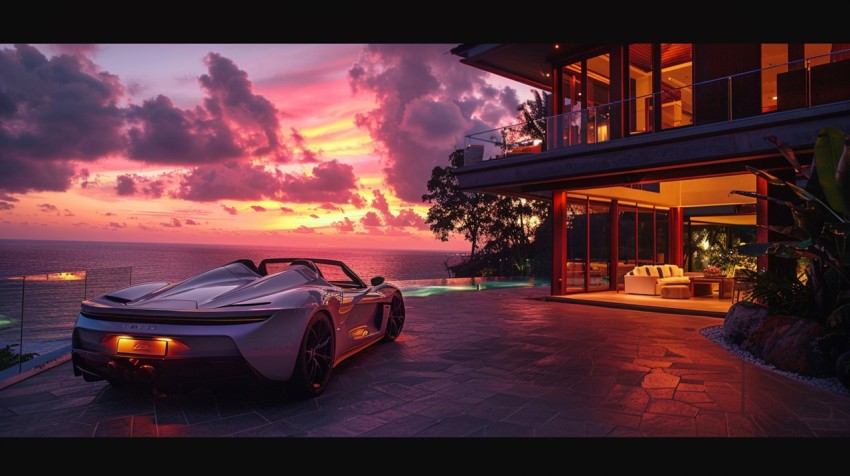 A luxury car parked in front of an exclusive beachfront villa at sunset, with the ocean in the background Aesthetics (146)