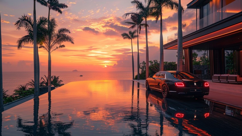 A luxury car parked in front of an exclusive beachfront villa at sunset, with the ocean in the background Aesthetics (148)