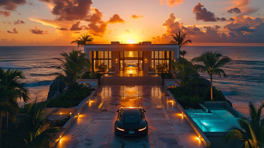 A luxury car parked in front of an exclusive beachfront villa at sunset, with the ocean in the background Aesthetics (145)