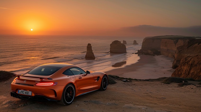 A luxury car parked on a cliffside with a breathtaking view of the ocean during golden hour Aesthetics (22)