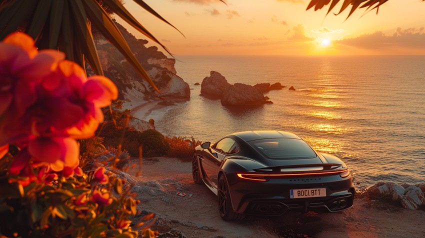 A luxury car parked on a cliffside with a breathtaking view of the ocean during golden hour Aesthetics (4)