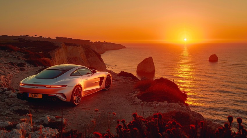 A luxury car parked on a cliffside with a breathtaking view of the ocean during golden hour Aesthetics (9)