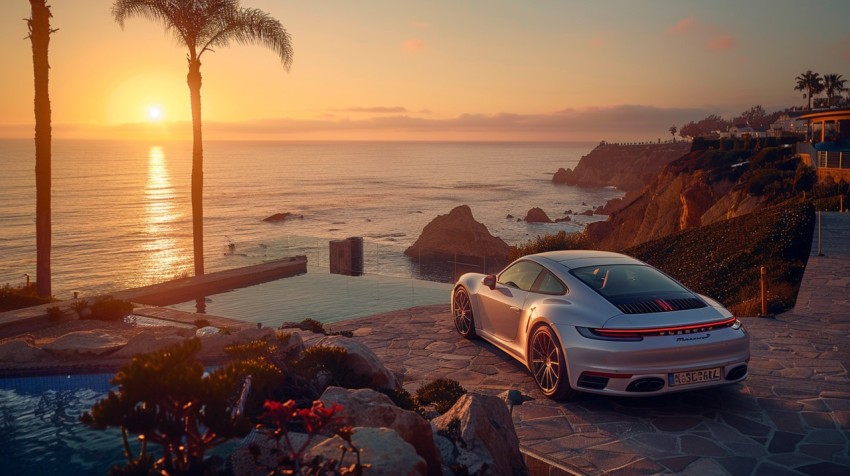 A luxury car parked on a cliffside with a breathtaking view of the ocean during golden hour Aesthetics (53)