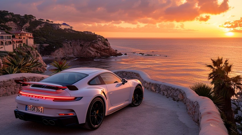 A luxury car parked on a cliffside with a breathtaking view of the ocean during golden hour Aesthetics (38)