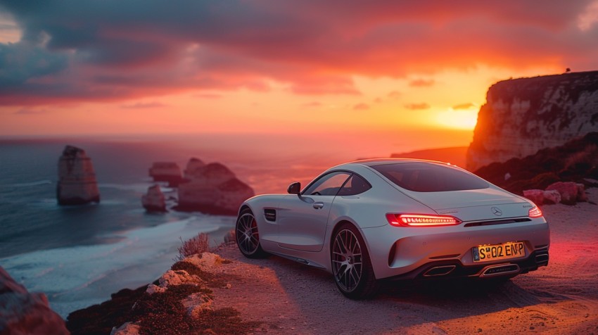 A luxury car parked on a cliffside with a breathtaking view of the ocean during golden hour Aesthetics (62)