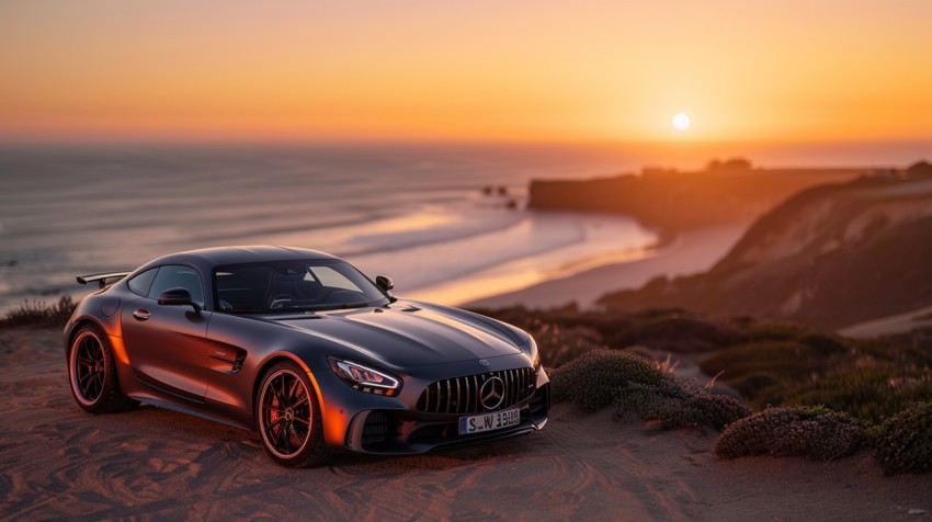 A luxury car parked on a cliffside with a breathtaking view of the ocean during golden hour Aesthetics (67)