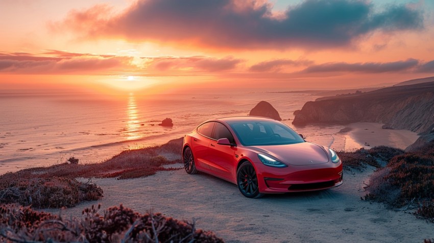 A luxury car parked on a cliffside with a breathtaking view of the ocean during golden hour Aesthetics (66)