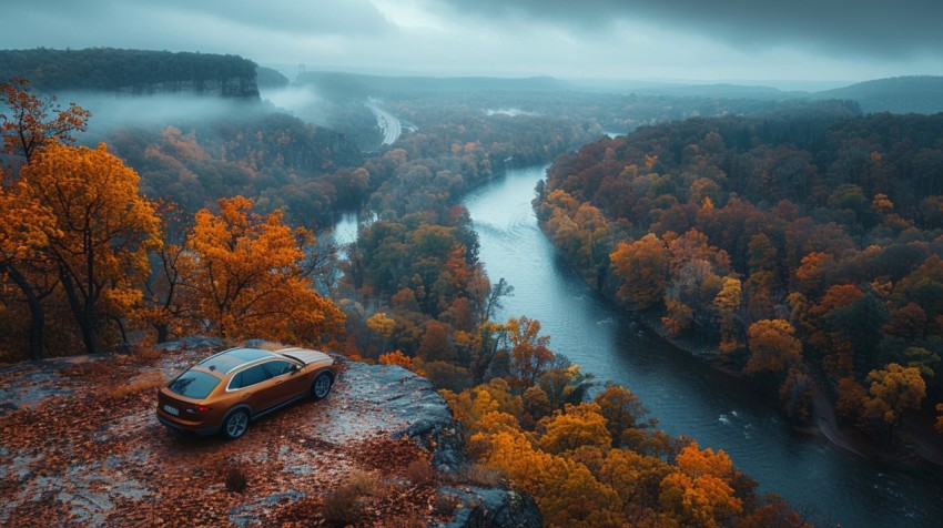 A luxury car parked on a scenic overlook, with a panoramic view of a winding river and forest below Aesthetics (46)