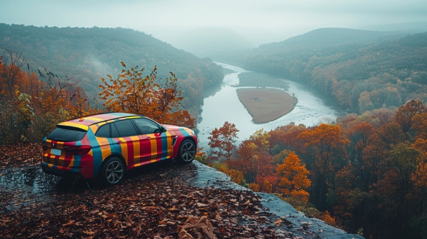 A luxury car parked on a scenic overlook, with a panoramic view of a winding river and forest below Aesthetics (52)
