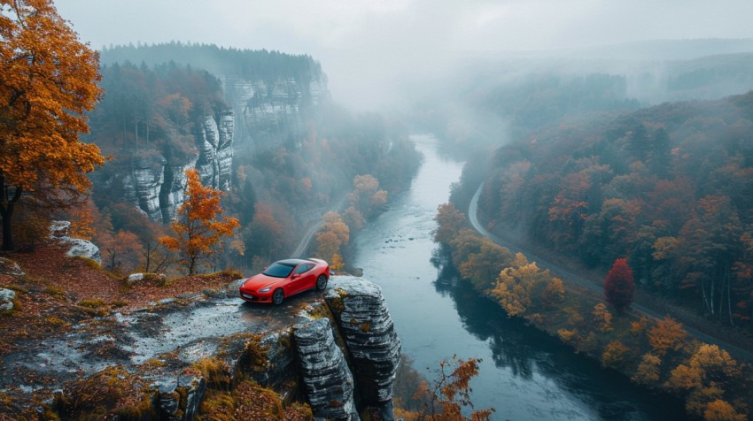 A luxury car parked on a scenic overlook, with a panoramic view of a winding river and forest below Aesthetics (63)