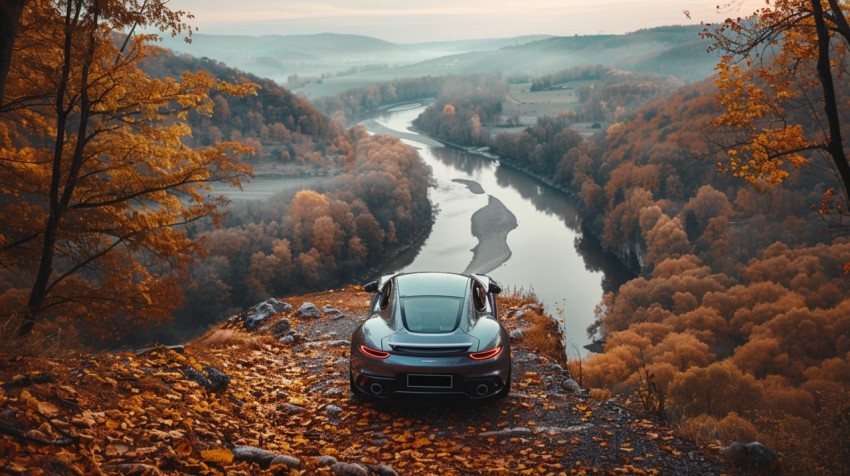 A luxury car parked on a scenic overlook, with a panoramic view of a winding river and forest below Aesthetics (74)