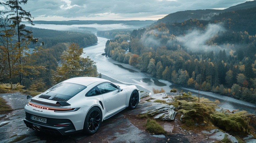 A luxury car parked on a scenic overlook, with a panoramic view of a winding river and forest below Aesthetics (70)