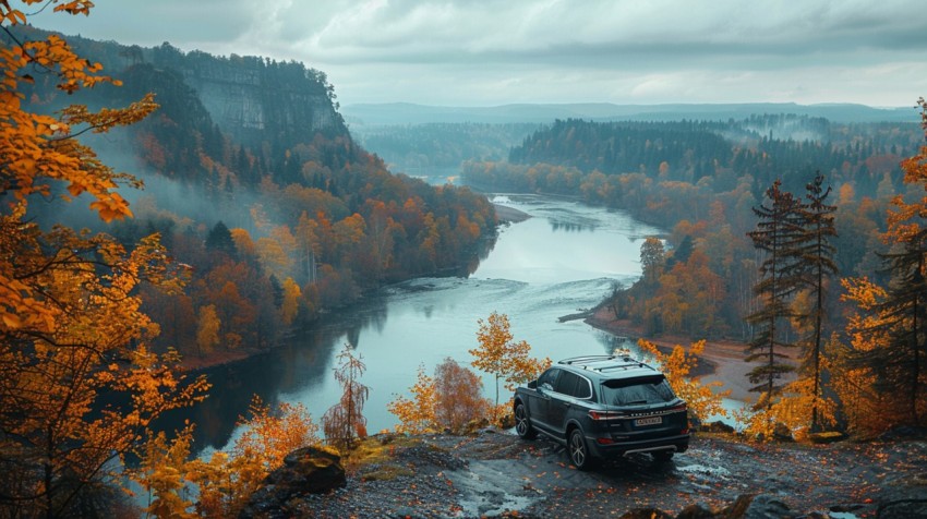 A luxury car parked on a scenic overlook, with a panoramic view of a winding river and forest below Aesthetics (66)