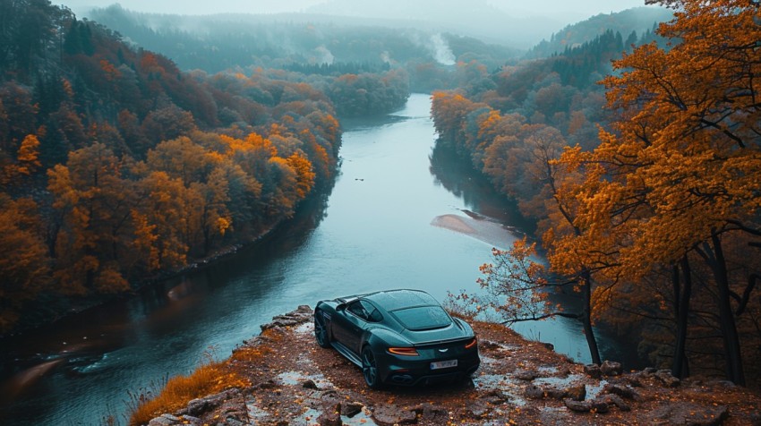 A luxury car parked on a scenic overlook, with a panoramic view of a winding river and forest below Aesthetics (119)