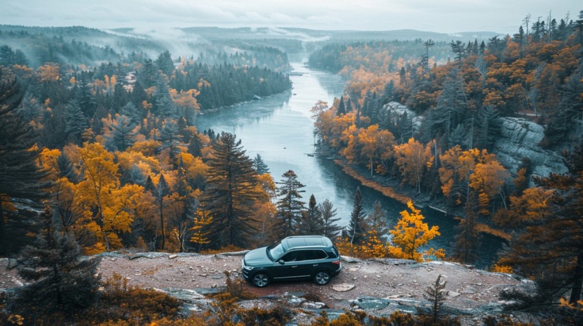 A luxury car parked on a scenic overlook, with a panoramic view of a winding river and forest below Aesthetics (102)