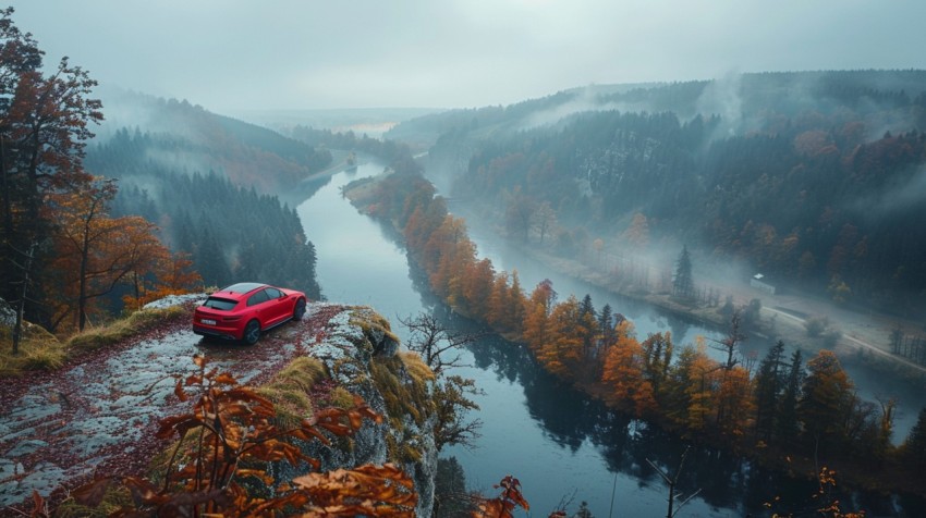 A luxury car parked on a scenic overlook, with a panoramic view of a winding river and forest below Aesthetics (125)