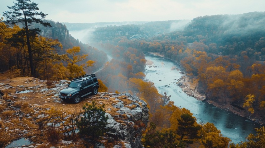 A luxury car parked on a scenic overlook, with a panoramic view of a winding river and forest below Aesthetics (136)