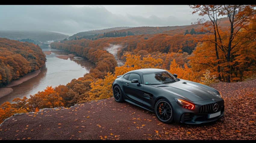 A luxury car parked on a scenic overlook, with a panoramic view of a winding river and forest below Aesthetics (165)