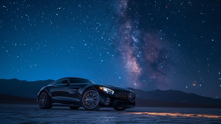 A luxury car parked under a starry night sky in a remote desert landscape Aesthetics (17)