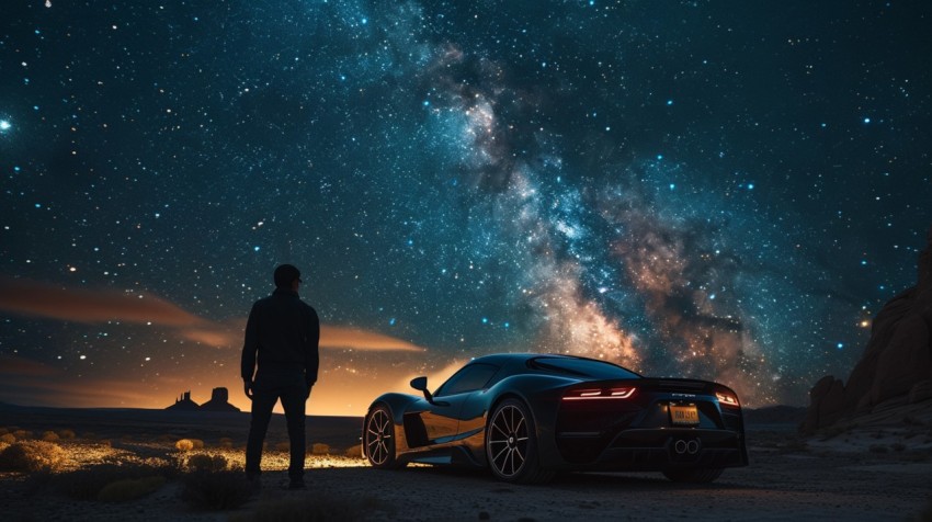 A luxury car parked under a starry night sky in a remote desert landscape Aesthetics (19)