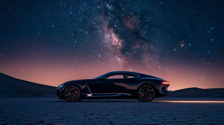 A luxury car parked under a starry night sky in a remote desert landscape Aesthetics (39)