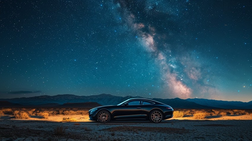 A luxury car parked under a starry night sky in a remote desert landscape Aesthetics (38)