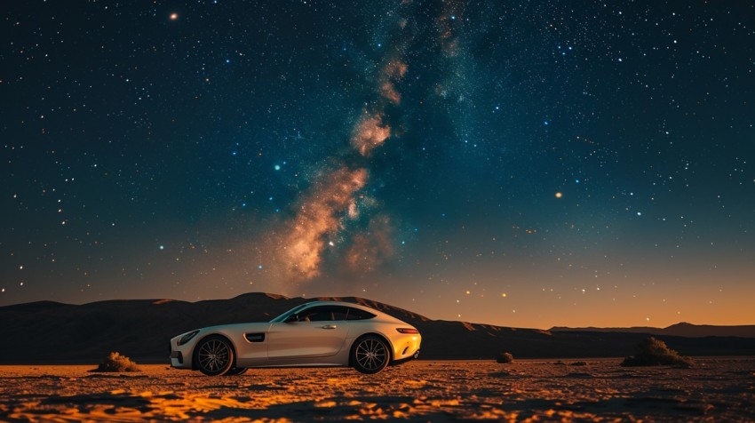 A luxury car parked under a starry night sky in a remote desert landscape Aesthetics (43)