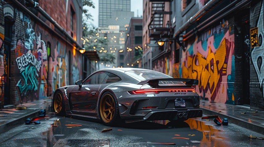 A luxury car with a matte finish parked in a modern urban alley with graffiti art on the walls  Aesthetics (60)