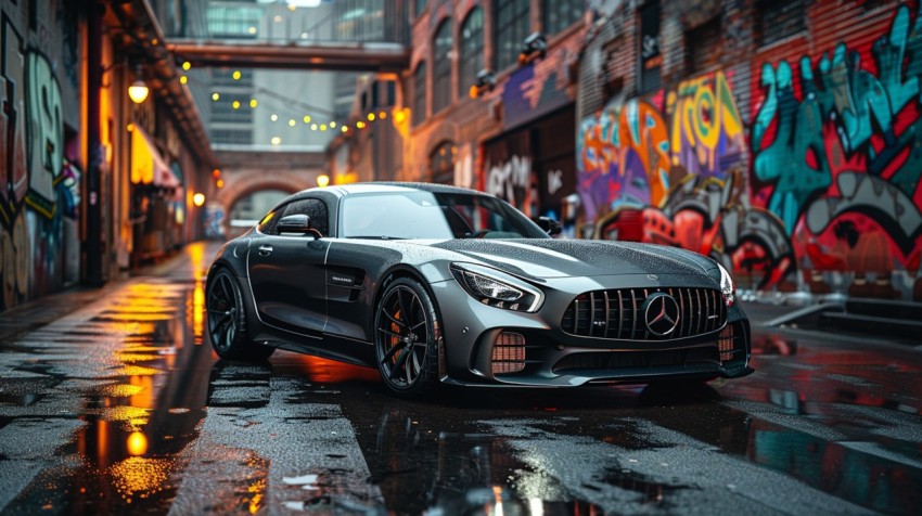 A luxury car with a matte finish parked in a modern urban alley with graffiti art on the walls  Aesthetics (36)