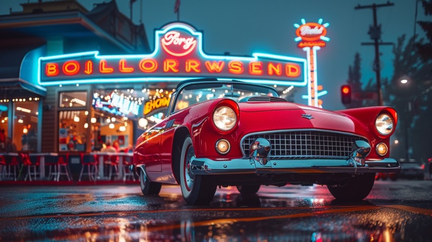A luxury car with a retro design, parked in front of a classic diner with neon signs Aesthetics (19)