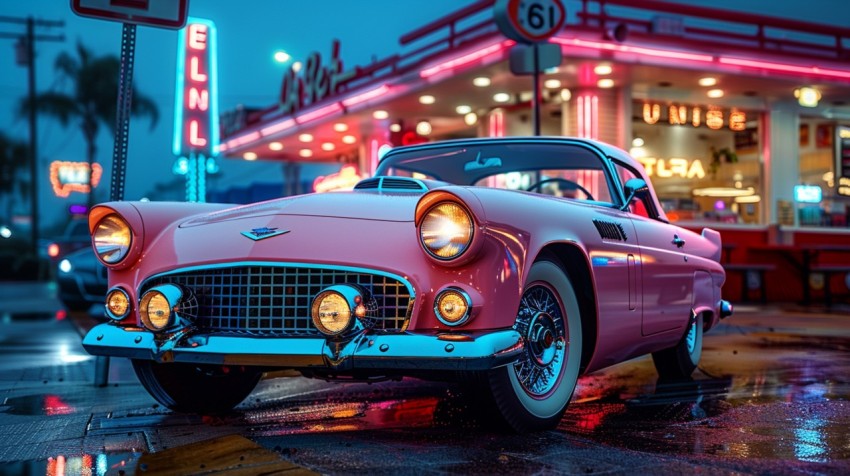 A luxury car with a retro design, parked in front of a classic diner with neon signs Aesthetics (5)