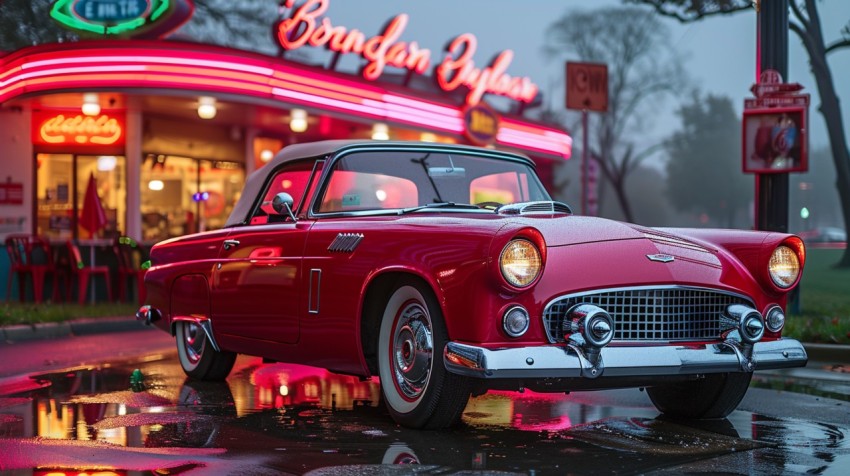 A luxury car with a retro design, parked in front of a classic diner with neon signs Aesthetics (14)
