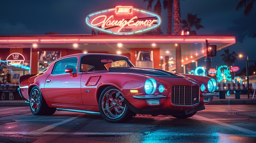 A luxury car with a retro design, parked in front of a classic diner with neon signs Aesthetics (7)