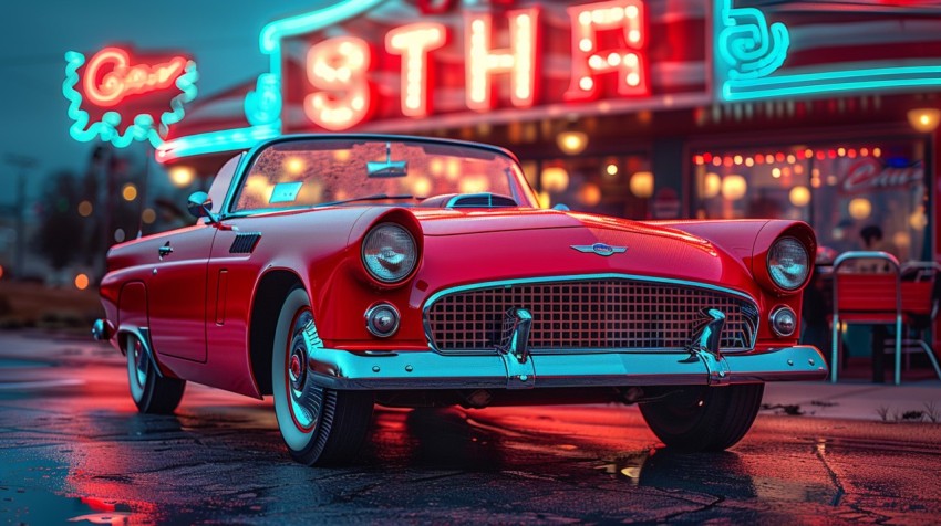 A luxury car with a retro design, parked in front of a classic diner with neon signs Aesthetics (22)